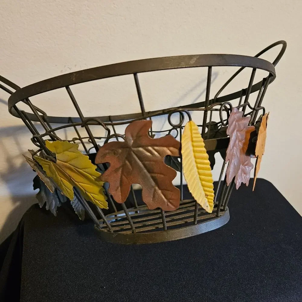 Fall themed metal basket Multi-colored leaves 10 inches